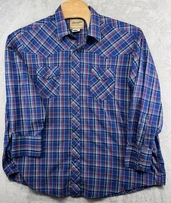 Wrangler Pearl Snap Blue Plaid Button Down Shirt Men s Size 2XL EUC
