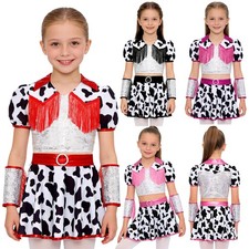 Girls 3 Pieces Print Cowgirls Costumes Dance Outfit Crop Top with Shorts Skirt