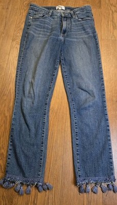 PAIGE Women's Jeans Size 27 Blue Tassel Hem Crop Straight Stretch Denim Boho