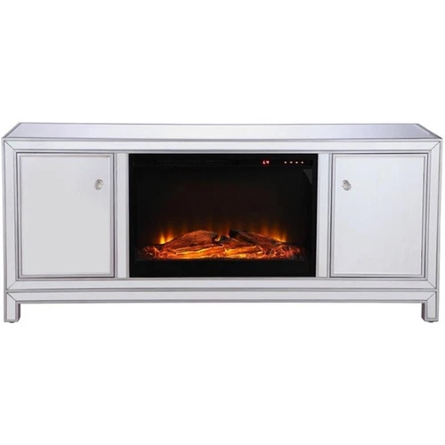Elegant Decor Modern 60" Mirrored Faux Log Fireplace TV Stand in Antique Silver - Picture 3 of 10