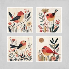 Boho Bird Wall Art Colorful Floral Prints Set Of 4 Minimalist Nature Decor