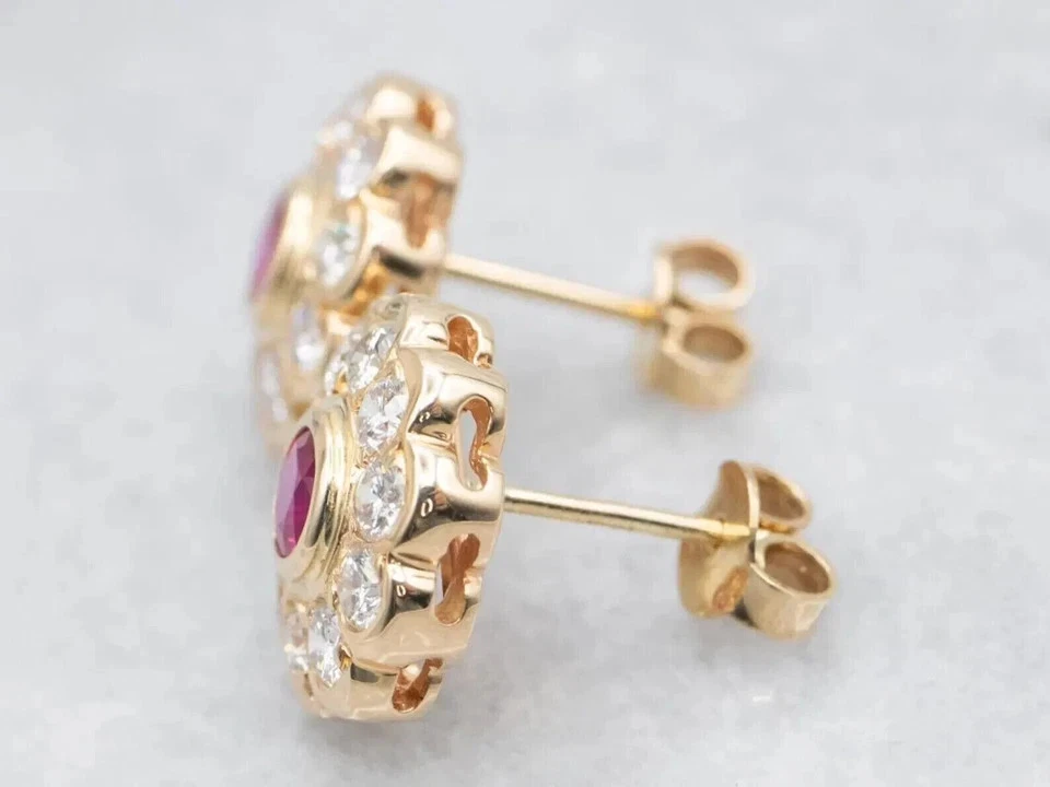 2ct Round Halo Lab Created Ruby Diamond Stud Earrings 14k Yellow Gold Plated - Image 2 of 3
