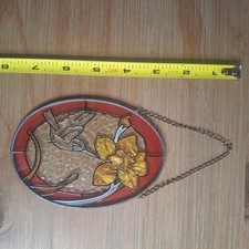 Vintage Stained Glass Hummingbird  Daffodil Oval Suncatcher