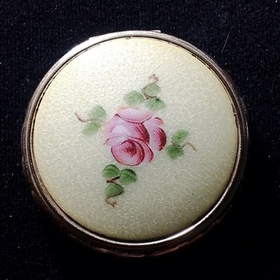 Bourret Fifth Avenue Vintage Powder Compact Mirror w/ Puff, Pink Rose Enamel