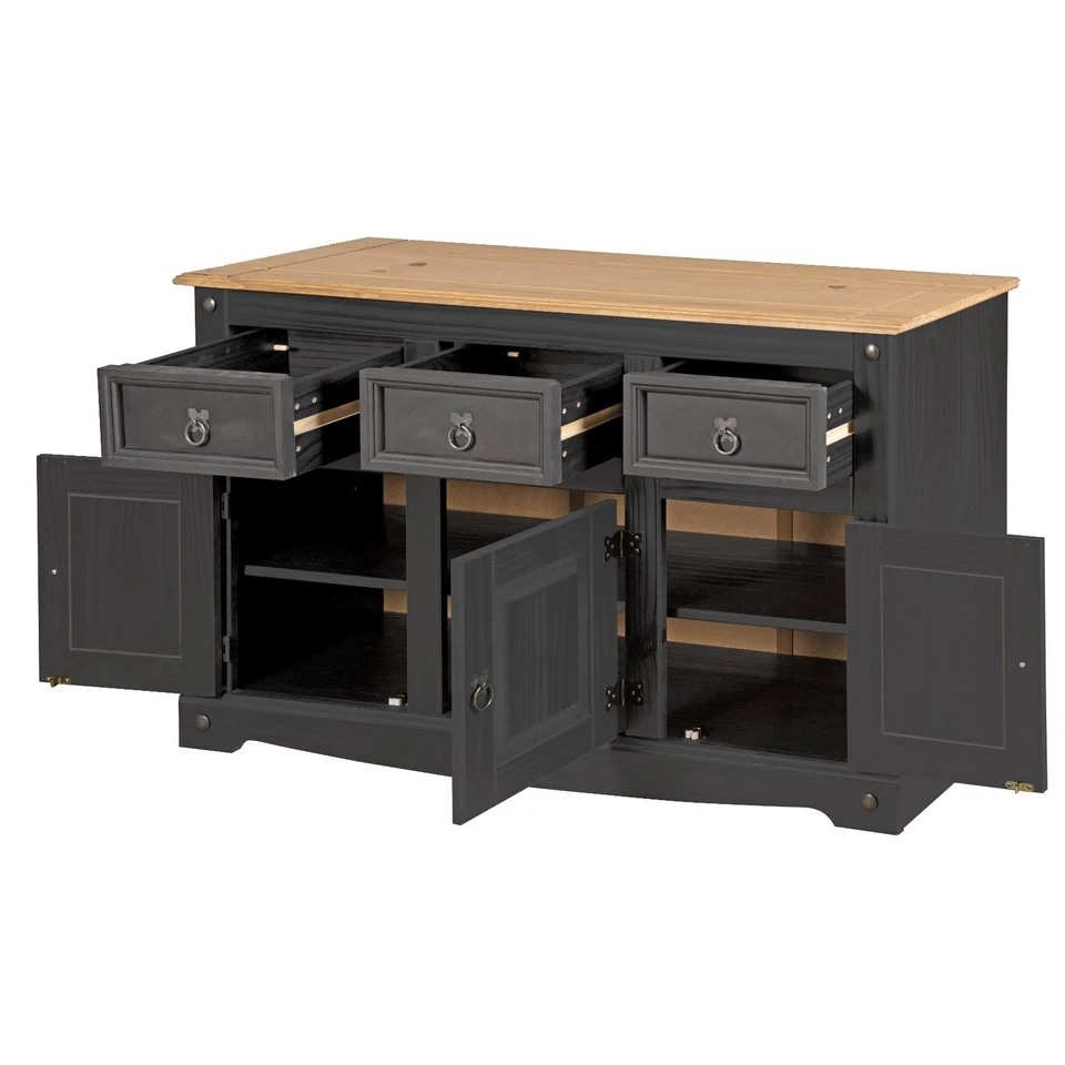 Corona Sideboard Charcoal Black 3 Door 3 Drawer Solid Pine Wood - Image 2 of 4