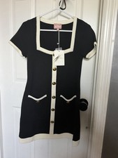Show Me Your Mumu Black/White Solid Knit Square Neck Button Shift Short Dress S