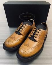 PRADA 2EG008 Brown Leather Brogue Derby Nylon Insert 7 US 8 NIB Lug Sole Hybrid