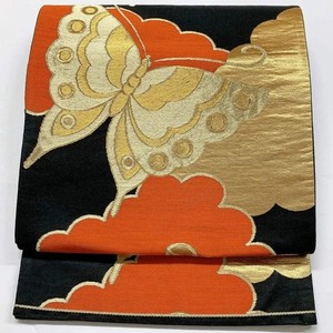 6041# Japanese Vintage Fukuro Obi Belt Kimono Fabric Silk Traditional Black