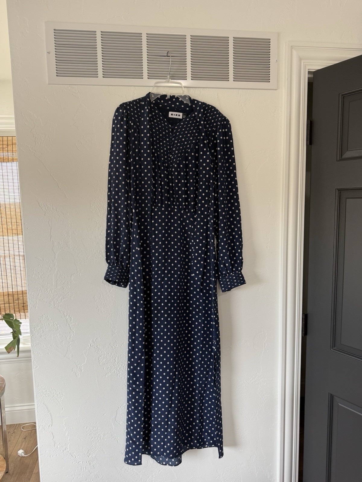 Rixo Silk Long Sleeve Midi Dress Women's Size 6 - Navy Polka Dot