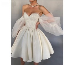 Glitter Satin A Line Wedding Dress Sweetheart Puff Sleeves Mini Sexy Bridal Gown