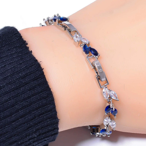 8 Ct Marquise Cut Simulated Sapphire Fancy Tennis Bracelet 14K White Gold Plated - Picture 3 of 9