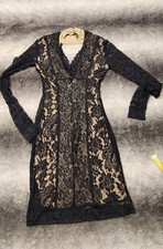 Black Lace Beige Lined V-Neck Long Sleeve Sheath Short Dress S Stretch