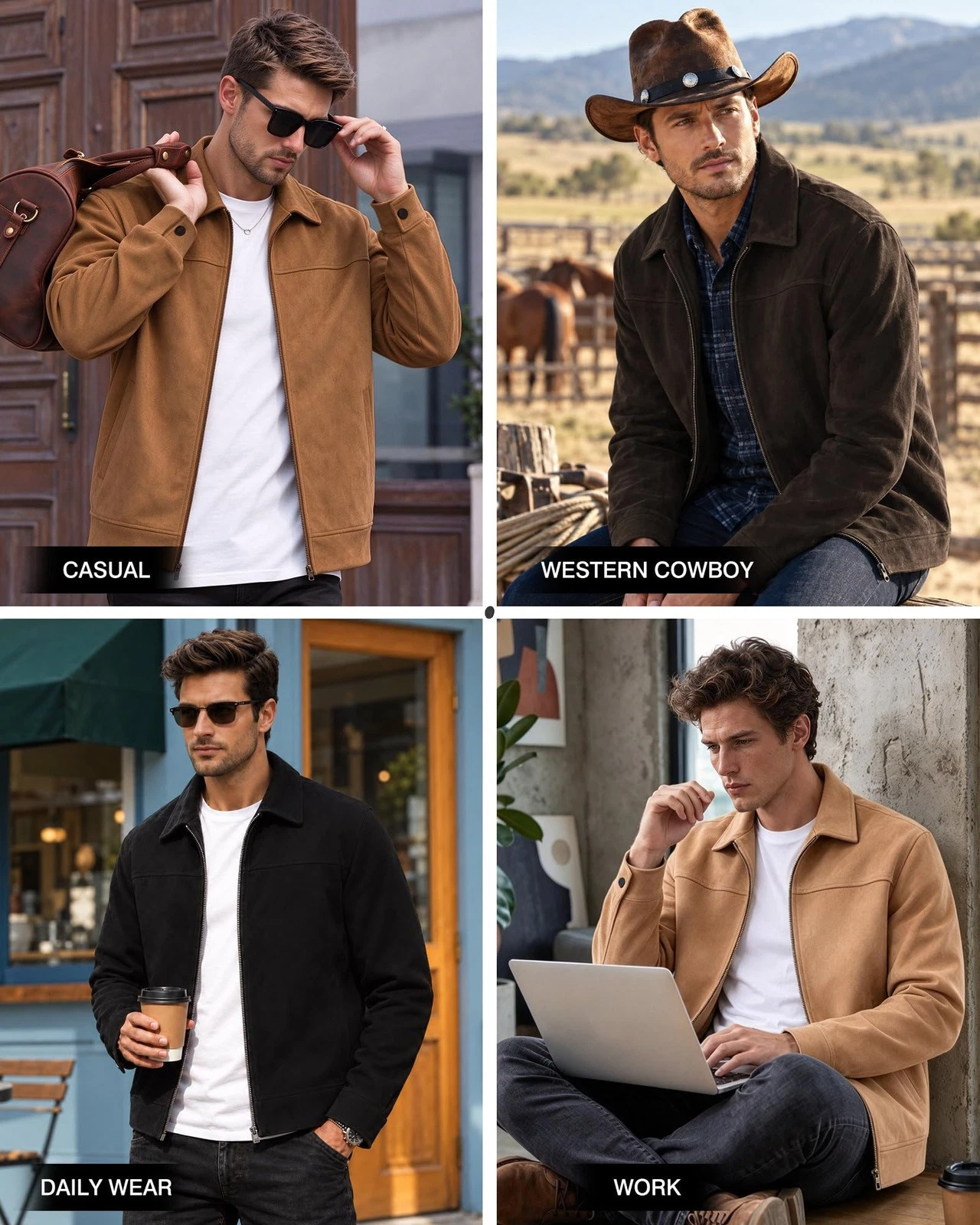 Men's Suede Bomber Jacket Casual Soft Lightweight Leather Jacket Light Brown image 7
