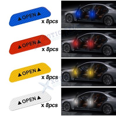 8pcs Door Open Reflective Luminous Auto Safety Prompt Decals Strip Universal Fit