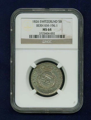 SWITZERLAND  BERN  1826  5 BATZEN, CHOICE UNCIRCULATED,  CERTIFIED NGC MS64