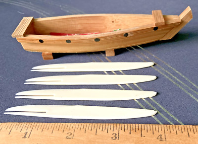 Food Picks in Bamboo Boat - Tea Ceremony Utensils For Japanese Sweets - Vintage