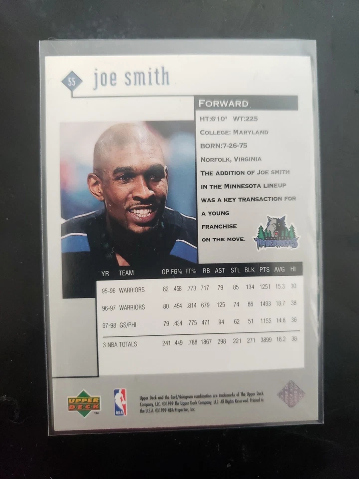 1999 NBA Upper Deck Black Diamond Single Card 55 Joe Smith Timberwolves - Image 2 of 2
