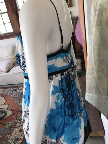 Nine West Blue White Black Floral Silk Blend Strappy Above Knee Dress Size 12 - Picture 9 of 12