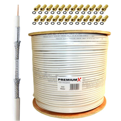 PremiumX 500m Koaxialkabel 135dB 4-fach CCS SAT TV RG6 Koax Kabel 24x F-Stecker