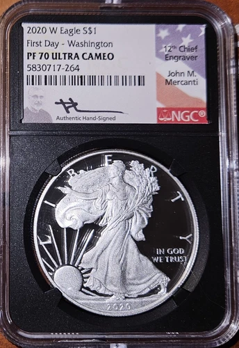 2020 W PF70 Silver Eagle NGC Mercanti - Flag Label First Day Washington