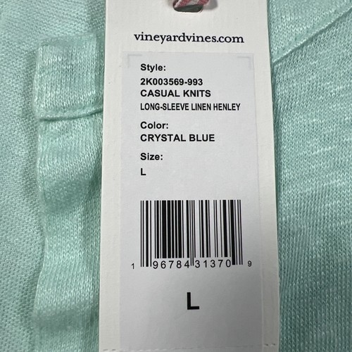 NEW Vineyard Vines Longsleeve Linen Henley Size LARGE Crystal Blue Shirt NWT - Picture 7 of 9