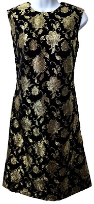 Nelly de Grab Mod Shift Dress 10 MCM Gold Lame Black Floral USA Union Vintage