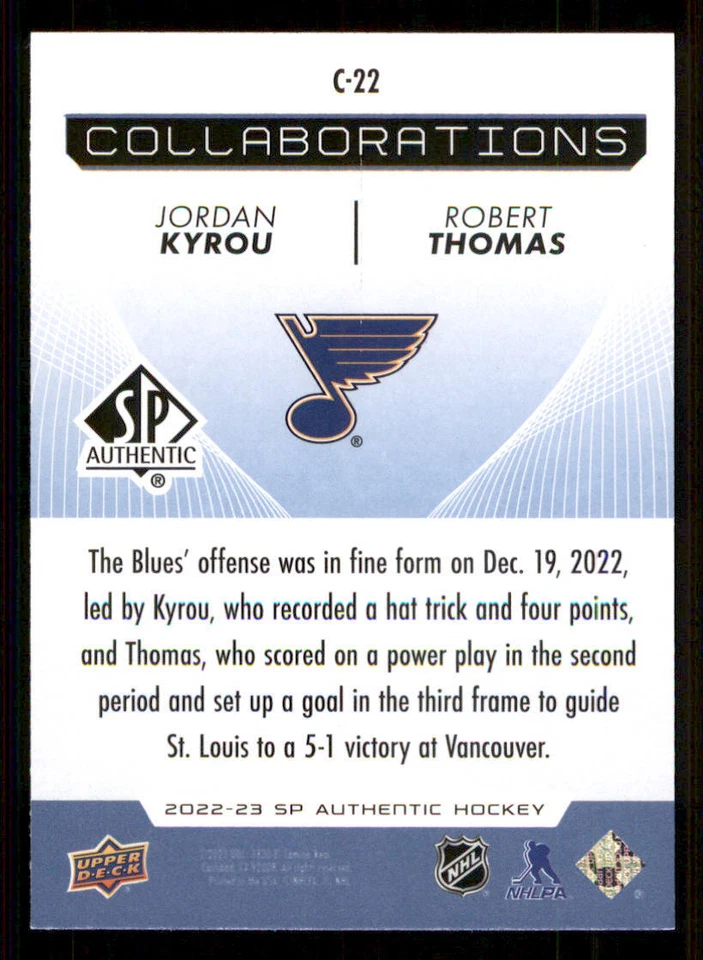 2022-23 SP Authentic Collaborations Blue #C22 Jordan Kyrou/Robert Thomas - Image 2 of 2