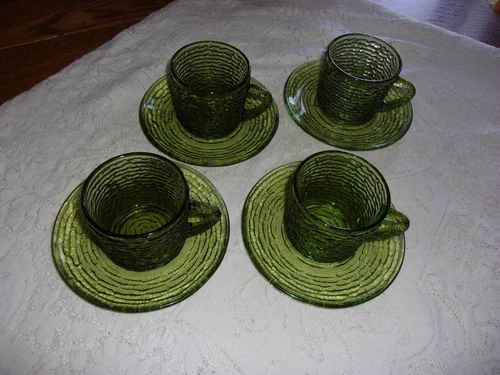 4 Sets Vintage Anchor Hocking Soreno Avocado Green Cups & Saucers Glass