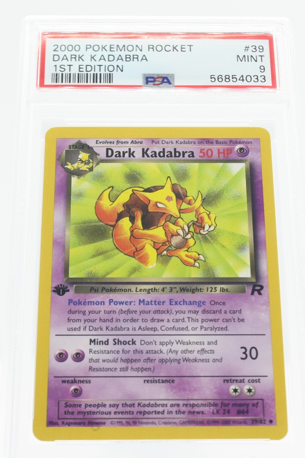 PSA 9 MINT 2000 Pokémon Team Rocket #39 Dark Kadabra 1st Edition !!!