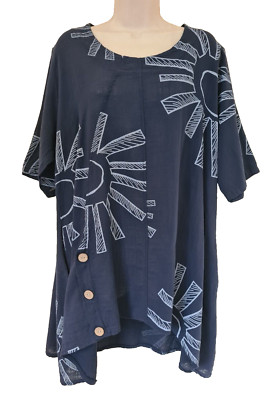 Made In Italy Blau Tunika Top Leinen-Baumwollmischung Taschen One Size 12-18 Neu