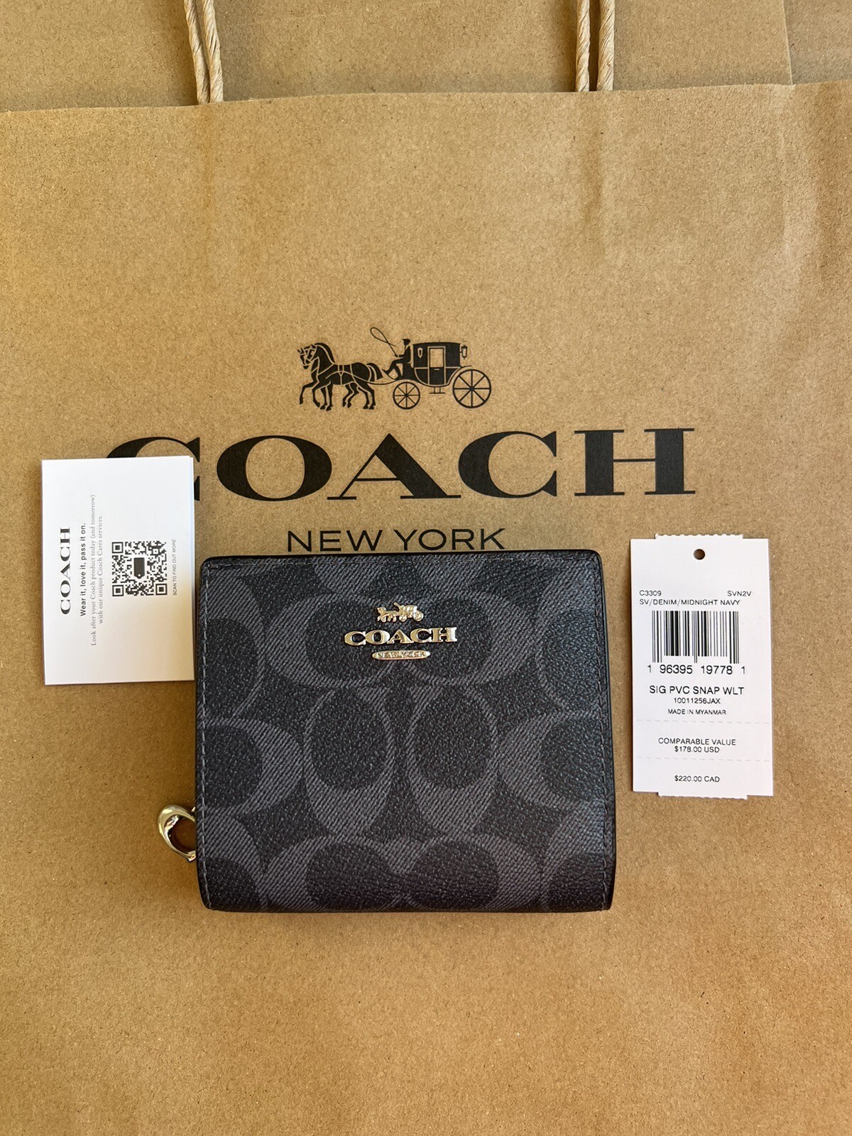 NWT Coach C3309 Snap Wallet in Signature Canvas & Leather Denim  