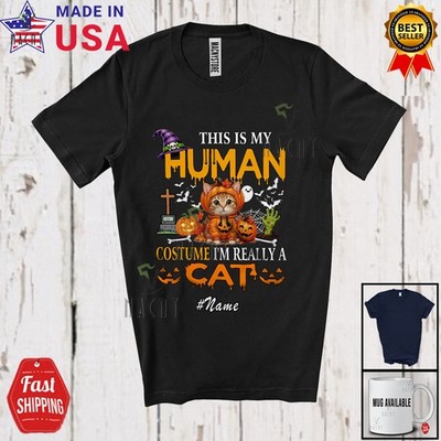 Custom Name My Human I'm Really A Cat; Humorous Halloween Pumpkin Family T-Shirt
