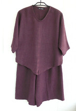 EVI KUM Designer 2-Teiler Anzug Leinen Tunika, weite Hose dunkel violett M L 40