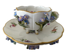 Antique Meissen Footed Demitasse Cup  Saucer With Applied Raised Flowers