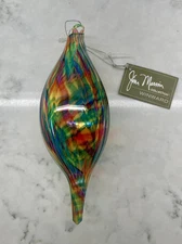 Jim Marvin Rainbow Striped Transparent Art Glass Finial Christmas Ornament 8”