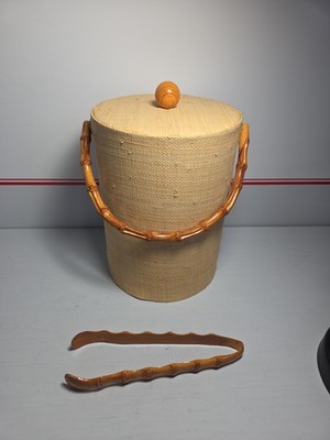 Vintage 70s Grass Cloth Covered Ice Bucket W/ Bamboo Style Handle And Tong 10 In