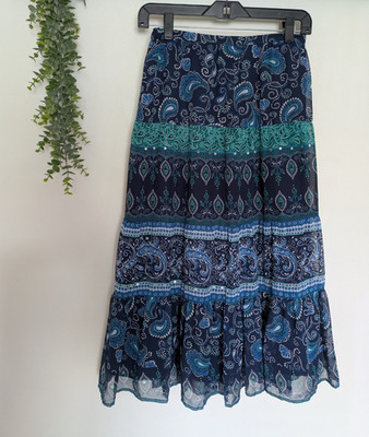 JM Collection Women's Petite 4P Blue/Teal Paisley Tiered Chiffon Midi Skirt