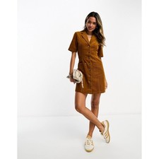 ASOS DESIGN Corduroy Mini Shirt Dress Tobacco Button Front Short Sleeve 4