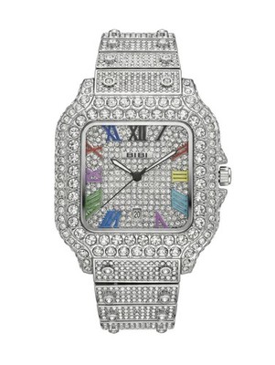 BIBI Luxury Iced Out Gem-Set Square Silver Roman Dial Quartz Date Watch Box