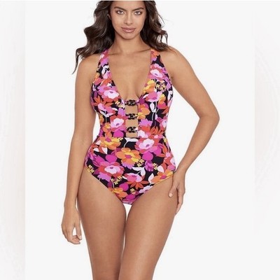 Miraclesuit Swimsuit One Piece Medium  Skinnydippers Floral Mowie Tiffi Cutout