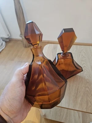 2x Art Deco Glas Karaffe Böhmen 23cm Amber Karl Palda Stil Set 1920 Dekanter - Bild 1 von 4