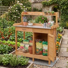 Garden Potting Bench Table Wood Plant Workstation w/ Stainless Steel Yellow