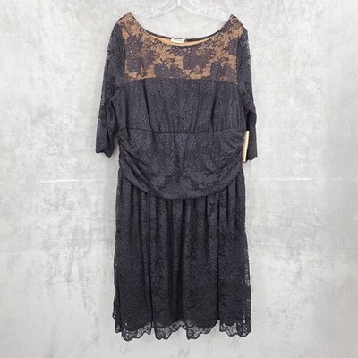 Kiyonna Luna Lace Dress 3X Onyx Black Nude Illusion Ruched USA Made New DEFECT