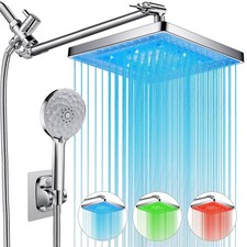 PinWin 8" Dual Rain Shower Head w/ 11" Adjustable Extension Arm, 7-Spray