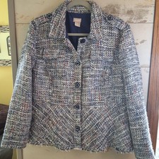 CHICO'S Sz Petite Large 12/14 Multi Color Tweed Fringed Hem Lined Jacket