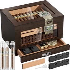 Cigar Humidor Cedar Wood Cigar Box with 2 Digital Hygrometer, 2 Humidifiers, Ced