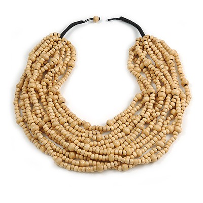 Statement mehrstrangige Lagenlook Latz Stil Holz Perlen Halskette in Natur - 50 cm