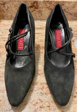 Bamar Black/Dark Gray Suede Leather Cross-Strap Pointed Toe Heels Pumps, 40/9.5