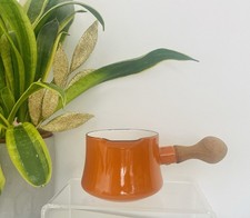 Vintage Dansk Denmark IHQ Orange Enamel Saucepan Wooden Handle Mid Century