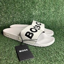 NEW HUGO BOSS Aryeh Logo Pool Slides Beach Sandals White Black Mens Size 12